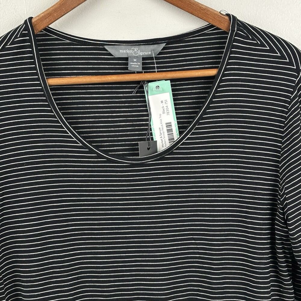 NWT Market & Spruce Pullover Knit Top Women Medium Blk Stripe Neldia Scoop Neck